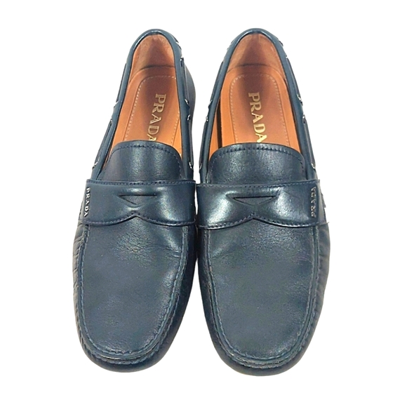 Prada Men's Navy/White Stripe Detail Penny Loafer Moccasin Shoes - Picture 2 of 13